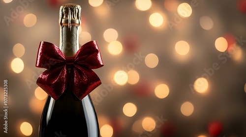 merry christmas greeting gift card or valentines day with wine bottle red ribbon bow on blurred lights background template white copy space