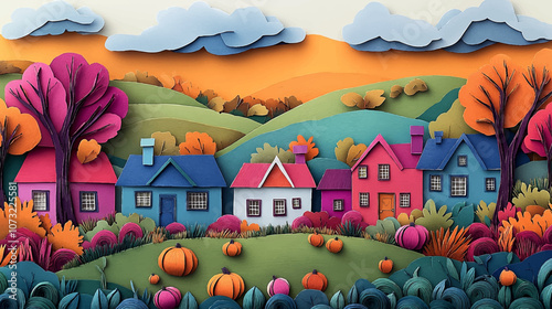 A vibrant paper cut vector illustration autumn scene featuring colorful houses, pumpkins, and fall foliage set against a backdrop of rolling hills.