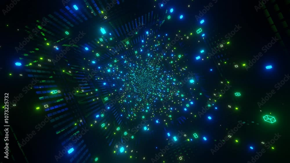 Futuristic digital tunnel. Abstract technology seamless animation with neon particles. Sci fi background with dynamic HUD elements. 3D render.