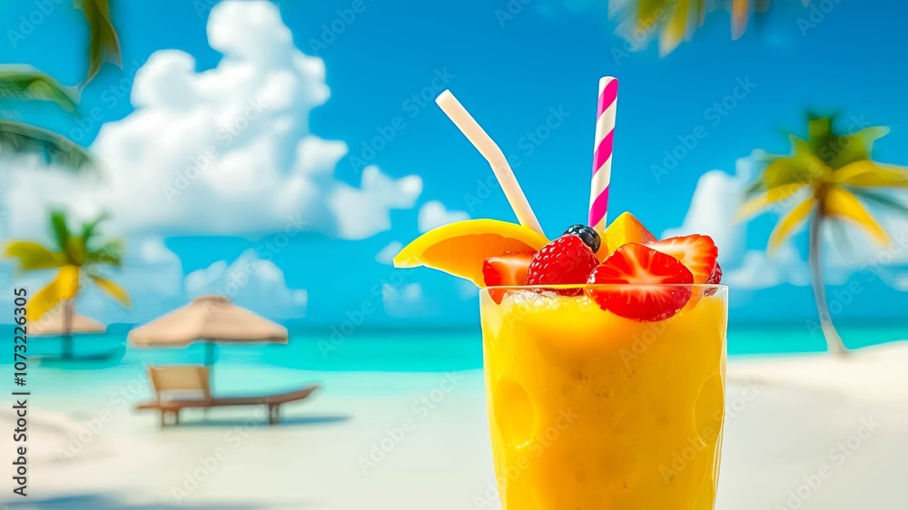 Obraz premium A refreshing fruit smoothie with tropical fruits, served with straws and a slice of orange, set against a backdrop of a pristine beach and palm trees.