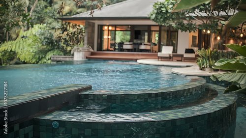 Wallpaper Mural Luxurious villa with a sparkling pool surrounded by lush greenery, perfect for relaxation and outdoor living. Torontodigital.ca