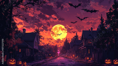 An anime style orange and purple sky with bats flying, with houses on the street in front of it. The road is lined by jack o lanterns due to halloween, creating an eerie atmosphere.