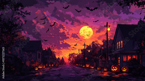 An anime style orange and purple sky with bats flying, with houses on the street in front of it. The road is lined by jack o lanterns due to halloween, creating an eerie atmosphere.