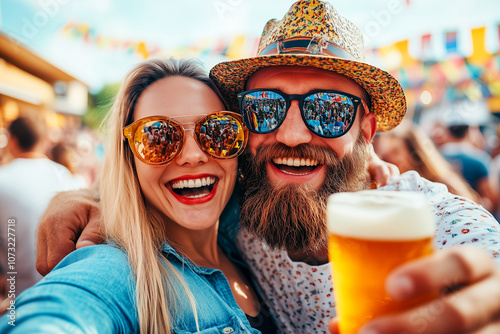 A man and a woman are smiling and holding up their beer glasses
