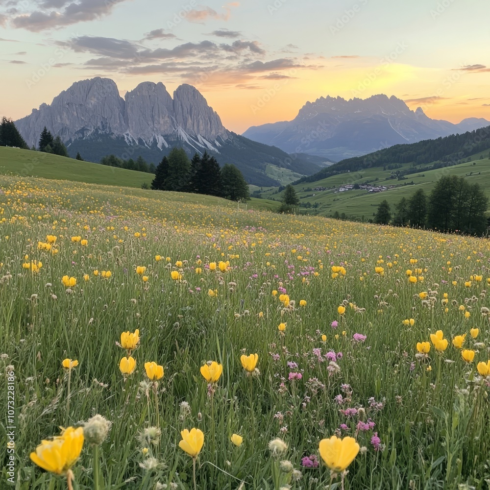 Fototapeta premium Siusi meadows at sunset, mountains behind