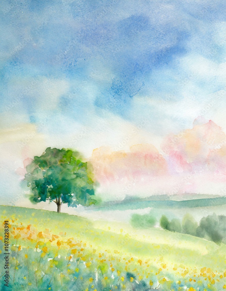 Fototapeta premium watercolor landscape painting with a tree