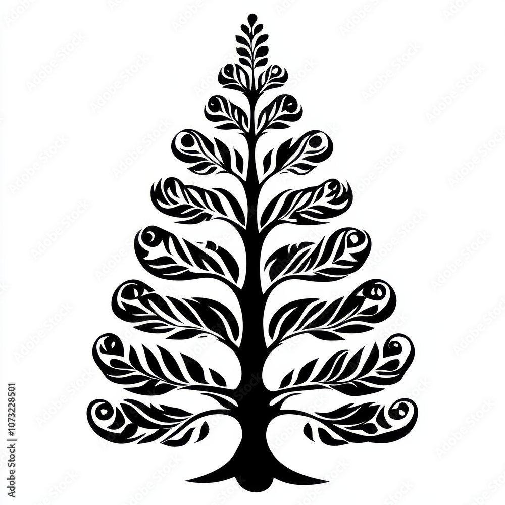 Obraz premium Black and White Silhouette Christmas Tree with Intricate Leaf Patterns, Artistic Design