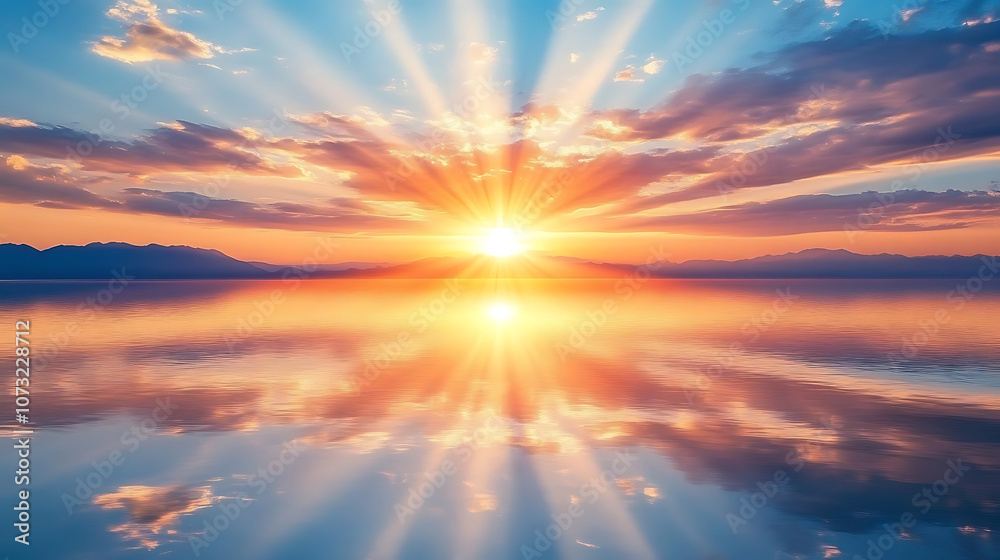 Fototapeta premium serene sunset over tranquil lake, with vibrant colors reflecting on water. sun rays create peaceful atmosphere, perfect for relaxation and contemplation