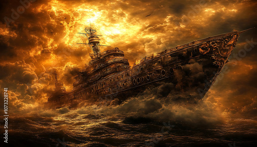 steampunk inspired airship sails through turbulent waters under dramatic sky. intricate design and golden hues evoke sense of adventure and mystery photo