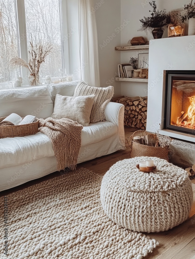 Fototapeta premium Cozy Living Room with White Sofa, Knitted Pouf, and Fireplace