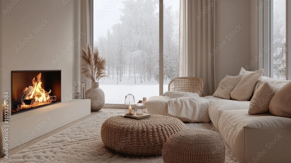 Obraz premium Cozy Living Room with Fireplace, Plush Sofa, and Snowy View
