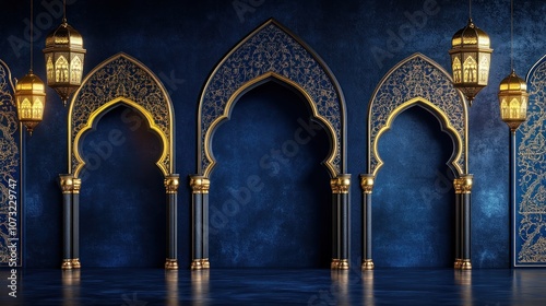 Intricate Arches and Golden Lanterns in a Moroccan Palace