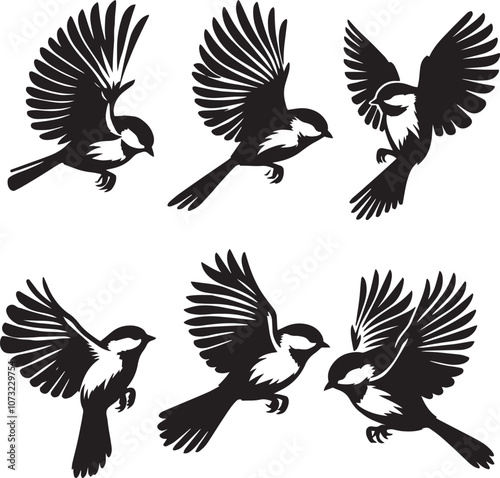 Black capped chickadee flying poses silhouette set black and white 
