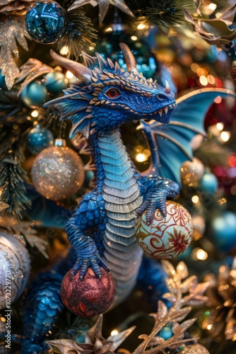 A shiny blue dragon figurine in a decorated christmas tree.