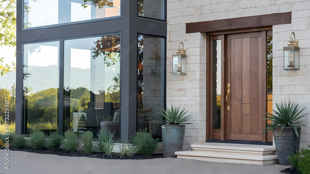 Modern home entrance with wooden door, large glass windows, stylish lanterns, and decorative greenery in planters.