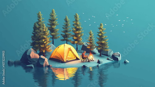 Various camping and picnic setups, isometric style on a soft color background. Concept of outdoor activities and leisure. Tent, tree, fire and wood Vector illustration.