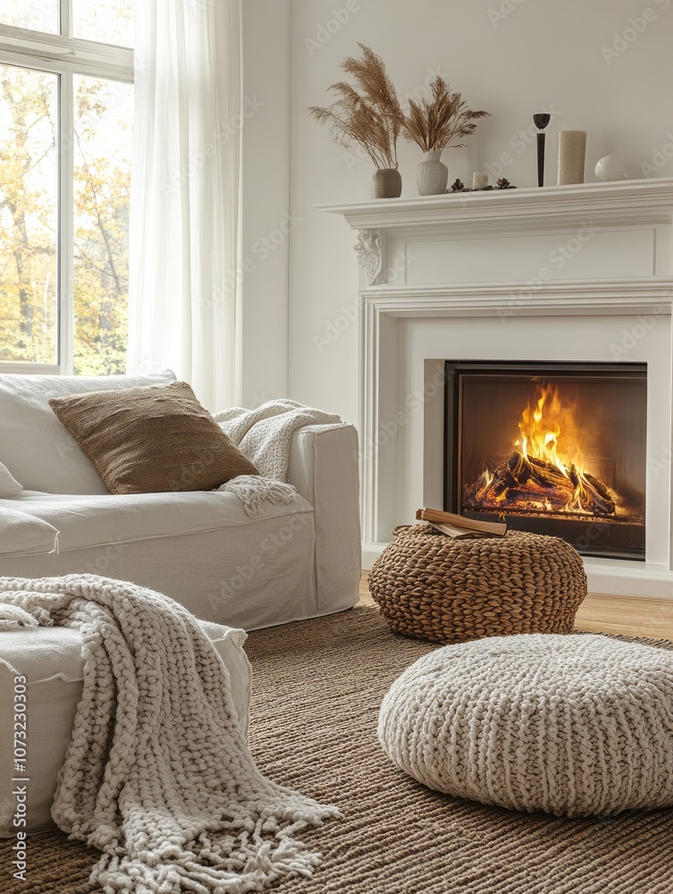 custom made wallpaper toronto digitalCozy Living Room with Fireplace, White Sofa, and Knitted Pillows