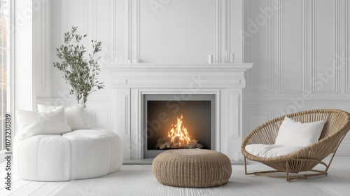 White Room Interior with Fireplace, Wicker Furniture, and a Plant