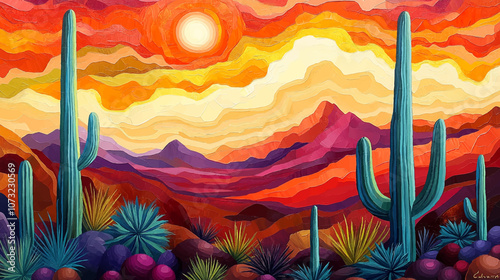 Colorful sunset art painting over desert with mountains and clouds. Orange sunset light gradation landscape illustration.