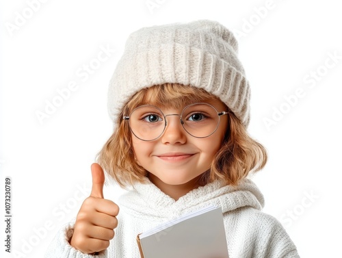 Cute little girl with glasses and book, portrait of childhood reading joyful learning photo