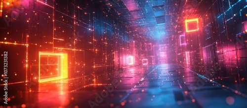 Wallpaper Mural Futuristic glowing corridor with neon lights and squares. Torontodigital.ca