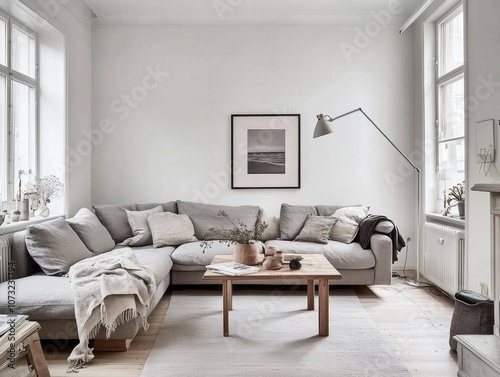 Minimalist Living Room with Sectional Sofa and Wooden Coffee Table