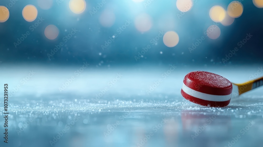 Fototapeta premium red ice hockey ball on snow ,Ice hockey field on beautiful blue bokeh background.