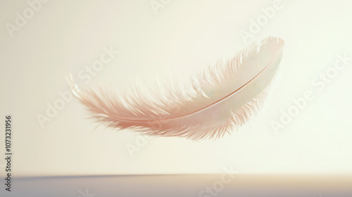 A close-up, photorealistic image of a single feather floating gracefully in mid-air.