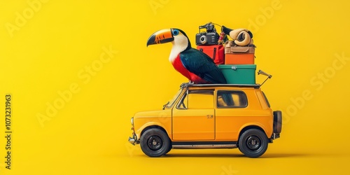 A Colorful Toucan Perched on a Tiny Yellow Car Packed with Travel Gear Against a Bright Yellow Background