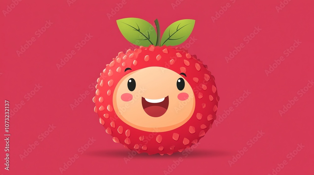 Obraz premium A cartoon lychee with a happy face and green leaves on a red background.