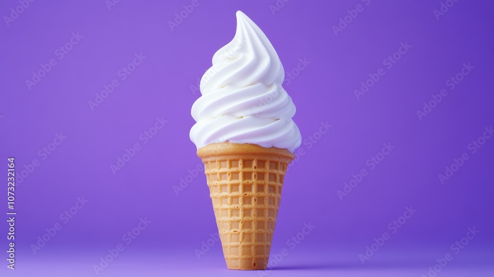 White ice cream cone is sitting on a purple background. The cone is filled with ice cream and has a swirl of white cream on top. Concept of indulgence and enjoyment White ice cream cone is sitting on a purple background. The cone is filled with ice cream and has a swirl of white cream on top. Concept of indulgence and enjoyment