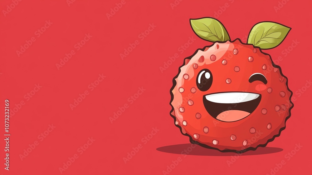 Fototapeta premium A cartoon rambutan with a smiling face on a red background.