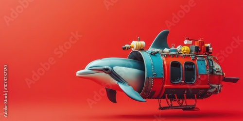 Creative Representation of a Dolphin in a Miniature Submarine Surrounded by a Vibrant Red Background, Ideal for Marine Life and Innovation Themes photo