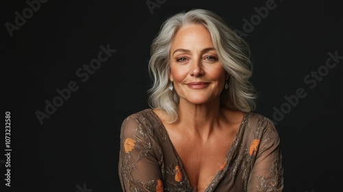 An elegant woman with beautifully styled gray hair poses confidently in a detailed brown dress against a dark background, exuding sophistication and grace.