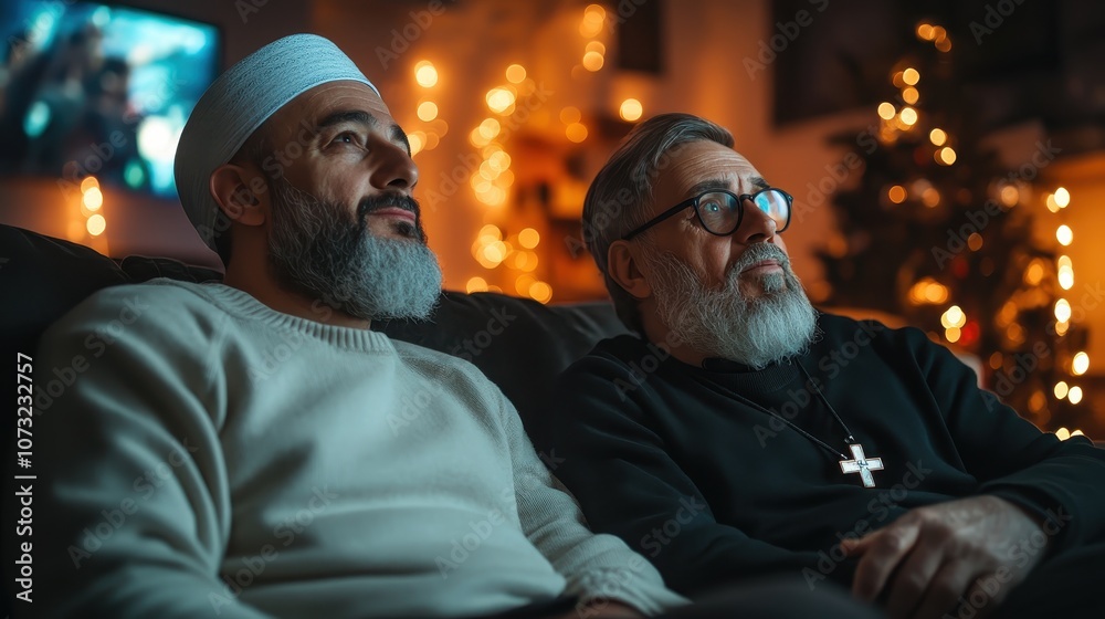 Two individuals, one in a kufi and the other with a cross necklace, share a moment of warmth and companionship in a warmly lit room filled with festive decorations. Two individuals, one in a kufi and the other with a cross necklace, share a moment of warmth and companionship in a warmly lit room filled with festive decorations.
