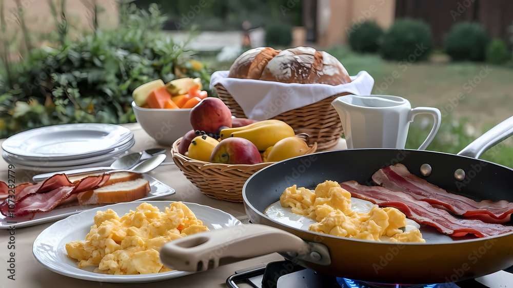Delicious breakfast spread with scrambled eggs, crispy bacon, fresh fruits, and bread on a cozy outdoor table setting. Delicious breakfast spread with scrambled eggs, crispy bacon, fresh fruits, and bread on a cozy outdoor table setting.