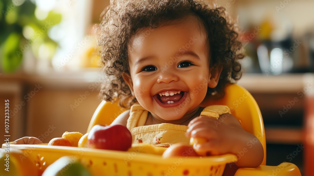 A baby with curly hair laughs while sitting in a yellow high chair with a basket full of fruit in front of her. A baby with curly hair laughs while sitting in a yellow high chair with a basket full of fruit in front of her.