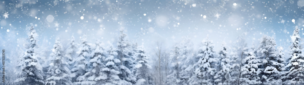 Abstract wihter forest with snowfall and snowflakes in winter. Horizontal composition. Abstract wihter forest with snowfall and snowflakes in winter. Horizontal composition.