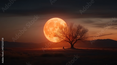 A solitary figure sits under a bare tree against an immense full moon, casting an elegant, surreal, and contemplative ambiance on the quiet landscape. photo