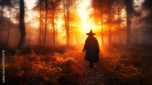 A mysterious, cloaked figure walks through a forest glowing with an orange hue, suggesting themes of magic, mystery, and adventure within a captivating landscape. photo