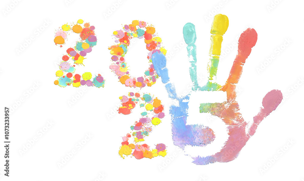 2025 year logo from multicolored oil paint blots with rainbow hand imprint for for positive new year concept. 2025 year logo from multicolored oil paint blots with rainbow hand imprint for for positive new year concept.