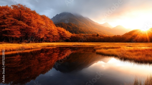 A vibrant autumn forest bathed in sunlight, its colors reflecting vividly on the still lake below, creating a breathtaking and tranquil natural scene.