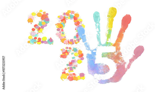 2025 year logo from multicolored oil paint blots with rainbow hand imprint for for positive new year concept.