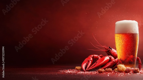 A brewed craft beer sits beside a vibrant red lobster on a deep red background, symbolizing indulgence and enjoyment of life's gourmet cuisine pleasures. photo