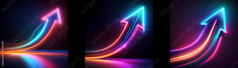 Three neon arrows pointing upwards, each with a different color combination. Three neon arrows pointing upwards, each with a different color combination.