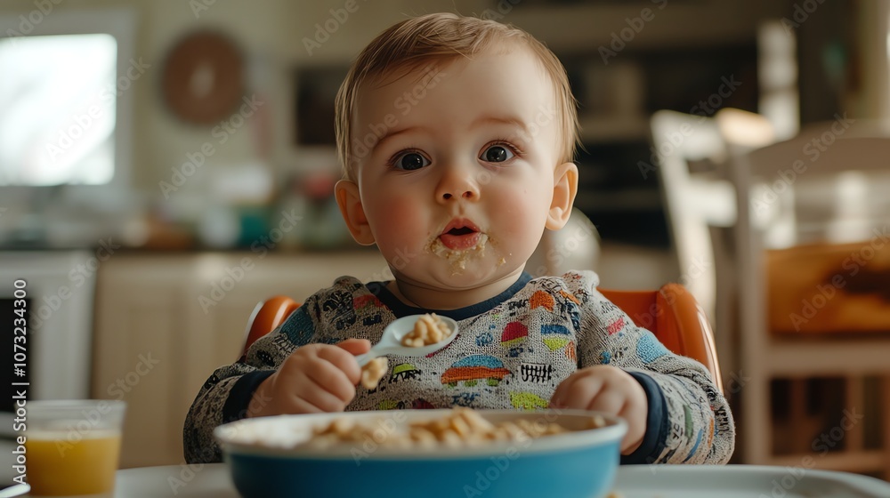 A cute baby looks at the camera while eating cereal. A cute baby looks at the camera while eating cereal.