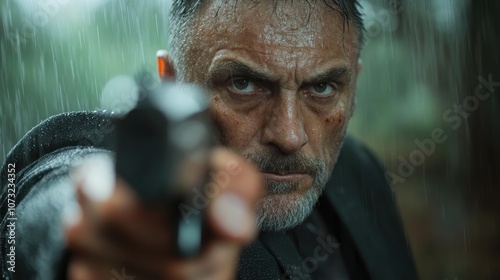 A gritty, intense close-up of a determined individual pointing a gun in the rain, conveying themes of tension, danger, and focus in a dynamic scene. photo