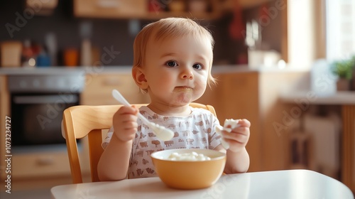 A baby with blonde hair sits in a high chair and eats a meal of cereal.