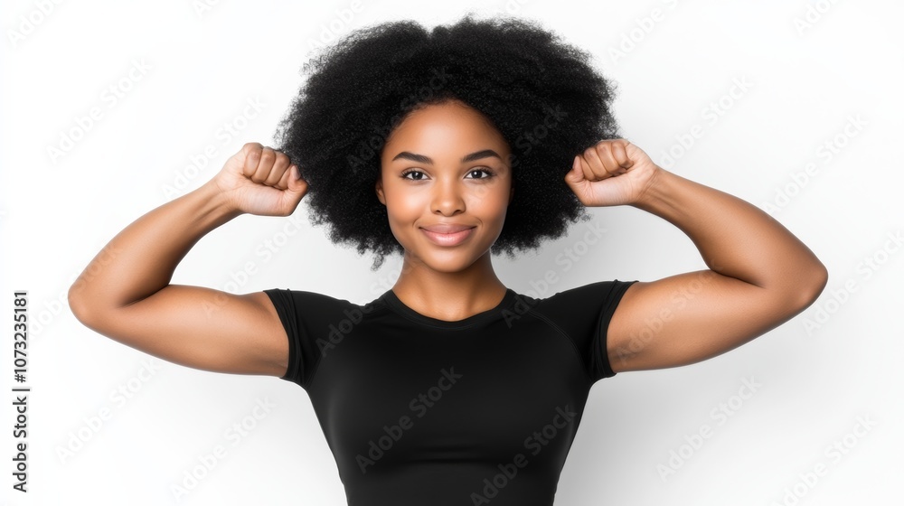 Woman with a black shirt and curly hair is posing with her arms raised. She has a smile on her face and she is confident and strong Woman with a black shirt and curly hair is posing with her arms raised. She has a smile on her face and she is confident and strong