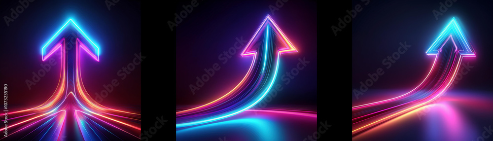 Three glowing neon arrows point upward on a dark background.